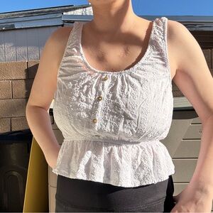 Y2K White Embroidered Sleeveless Top with cinched waist